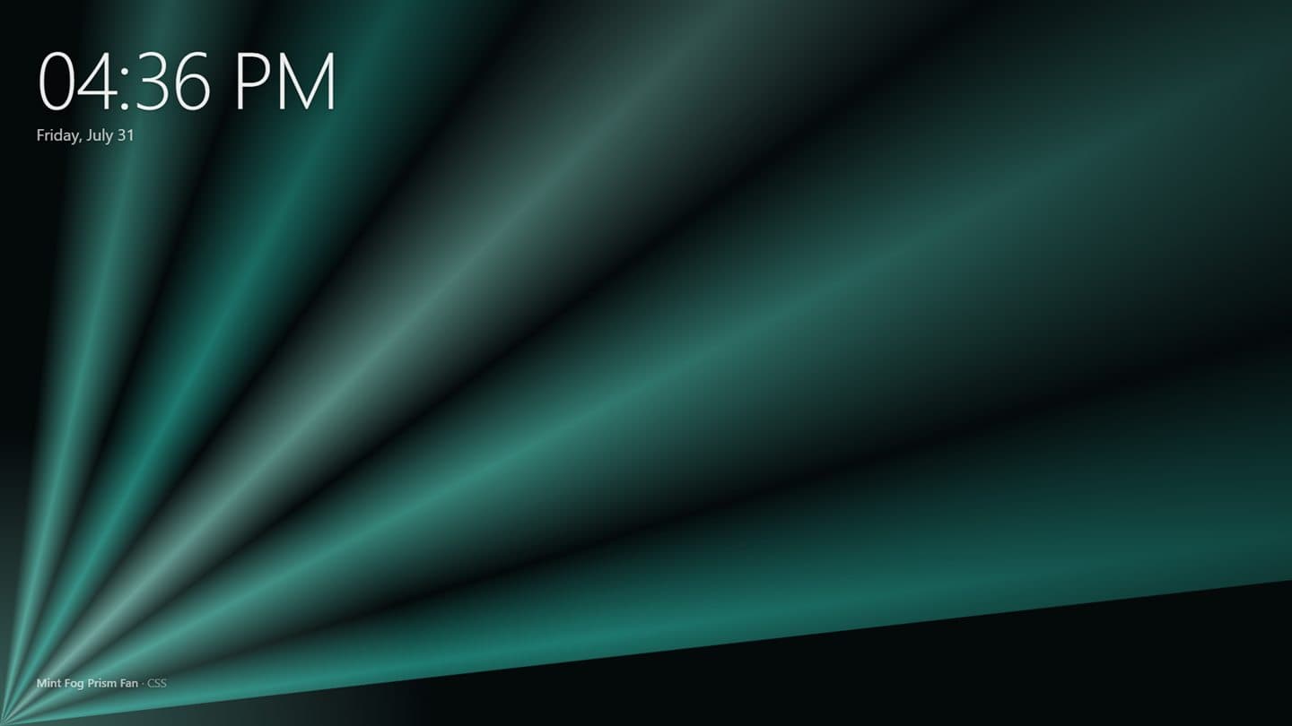 The screensaver running fullscreen on Windows: a teal and black beam pattern with the time, the date and the background's name overlaid.