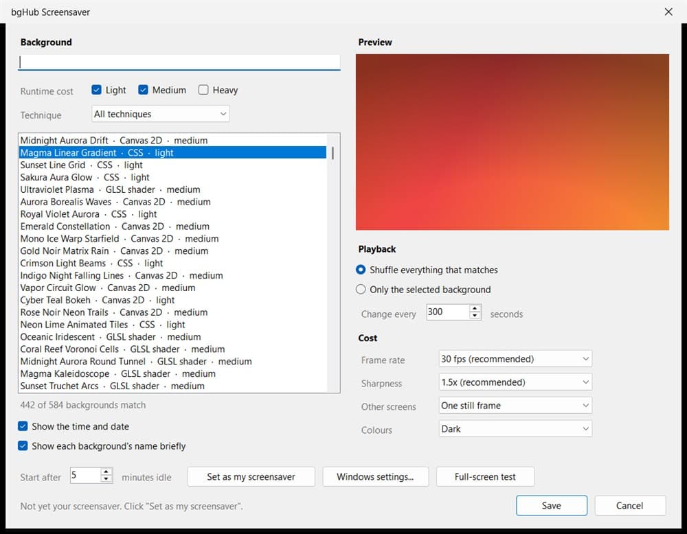 The Configure dialog: a searchable list of backgrounds on the left with runtime cost and technique filters, a live preview on the right, and playback and cost settings underneath.